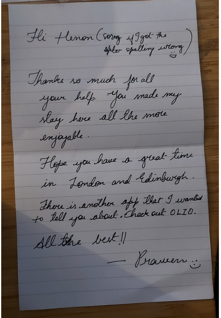 Handwritten note: 'You made my stay all the more enjoyable. — Praveen'