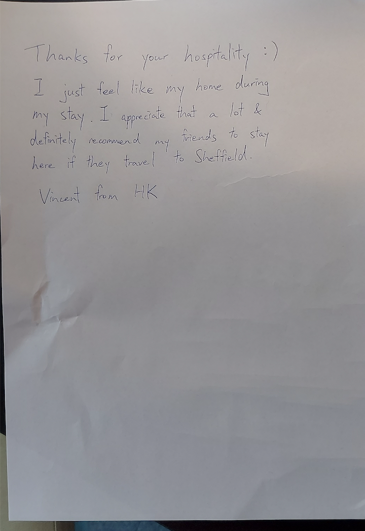 Handwritten note: 'I just felt like my home during my stay. — Vincent from HK'